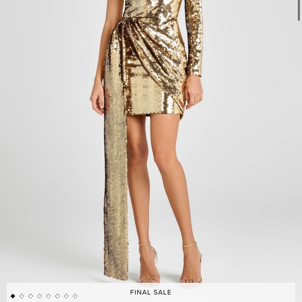 NADINE MERABI One Shoulder Gold Sequin Dress